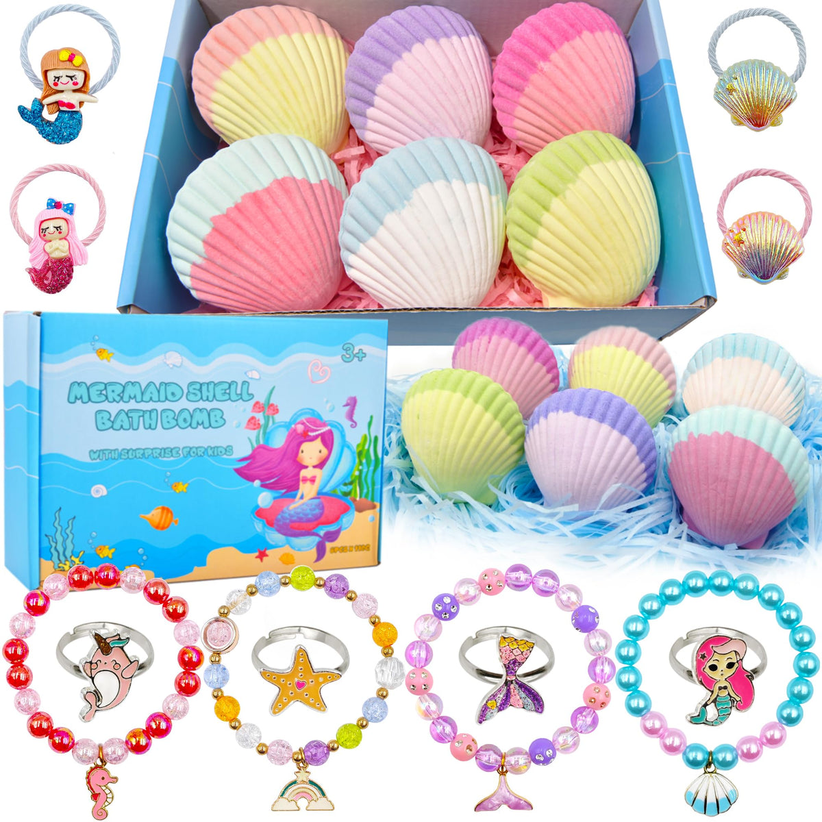 usand mermaid bath bombs with surprise inside jewels for kids, sparkling bath time with giftable jewelry.