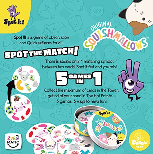 USAOPOLY Spot It! Squishmallows Cailey pink crab card visual for playful competition.