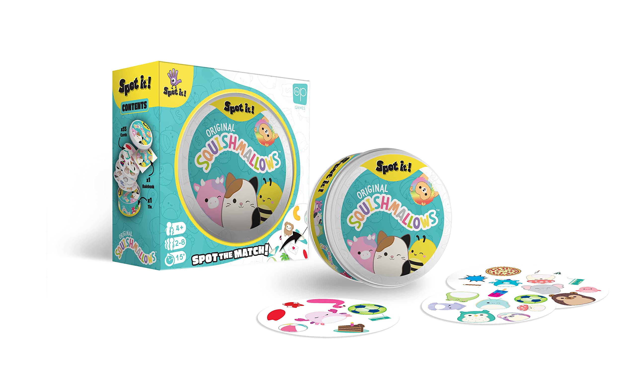 USAOPOLY Spot It! Squishmallows card-pair visual highlighting quick pattern spotting.