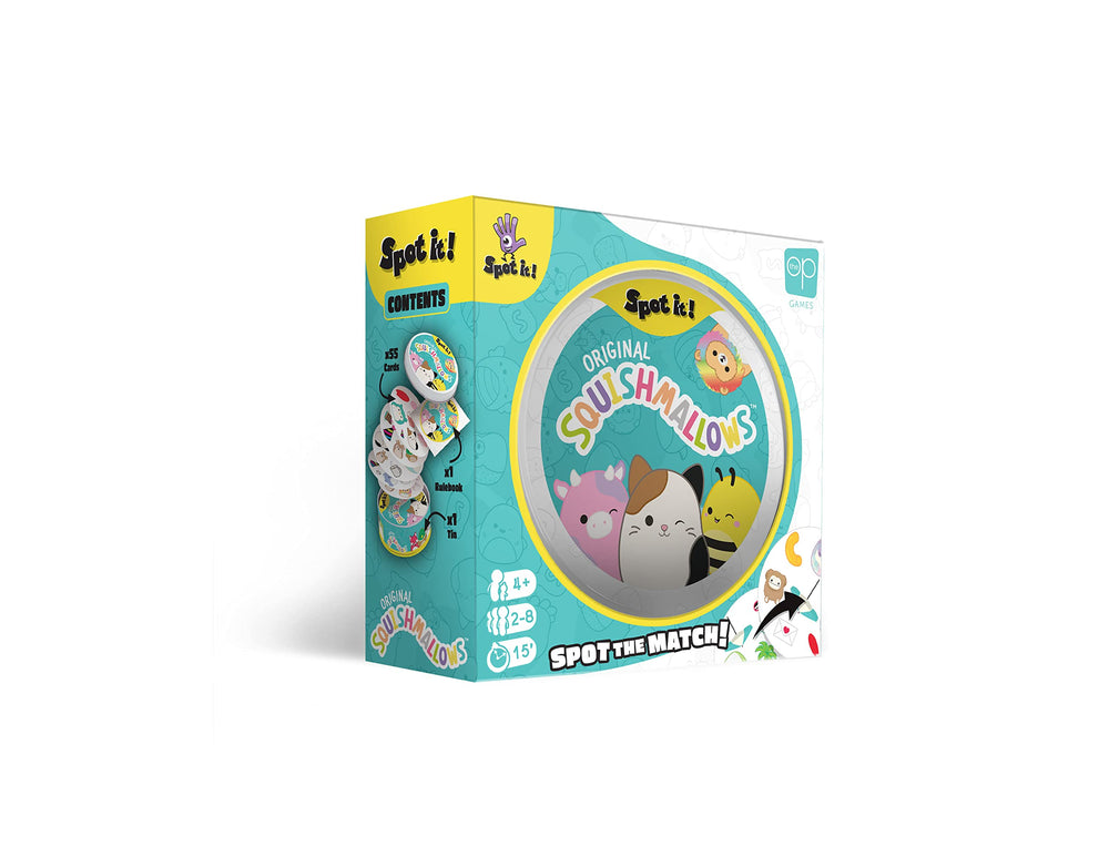 USAOPOLY Spot It! Squishmallows Mila elephant card visual for fast, family-friendly matching fun.