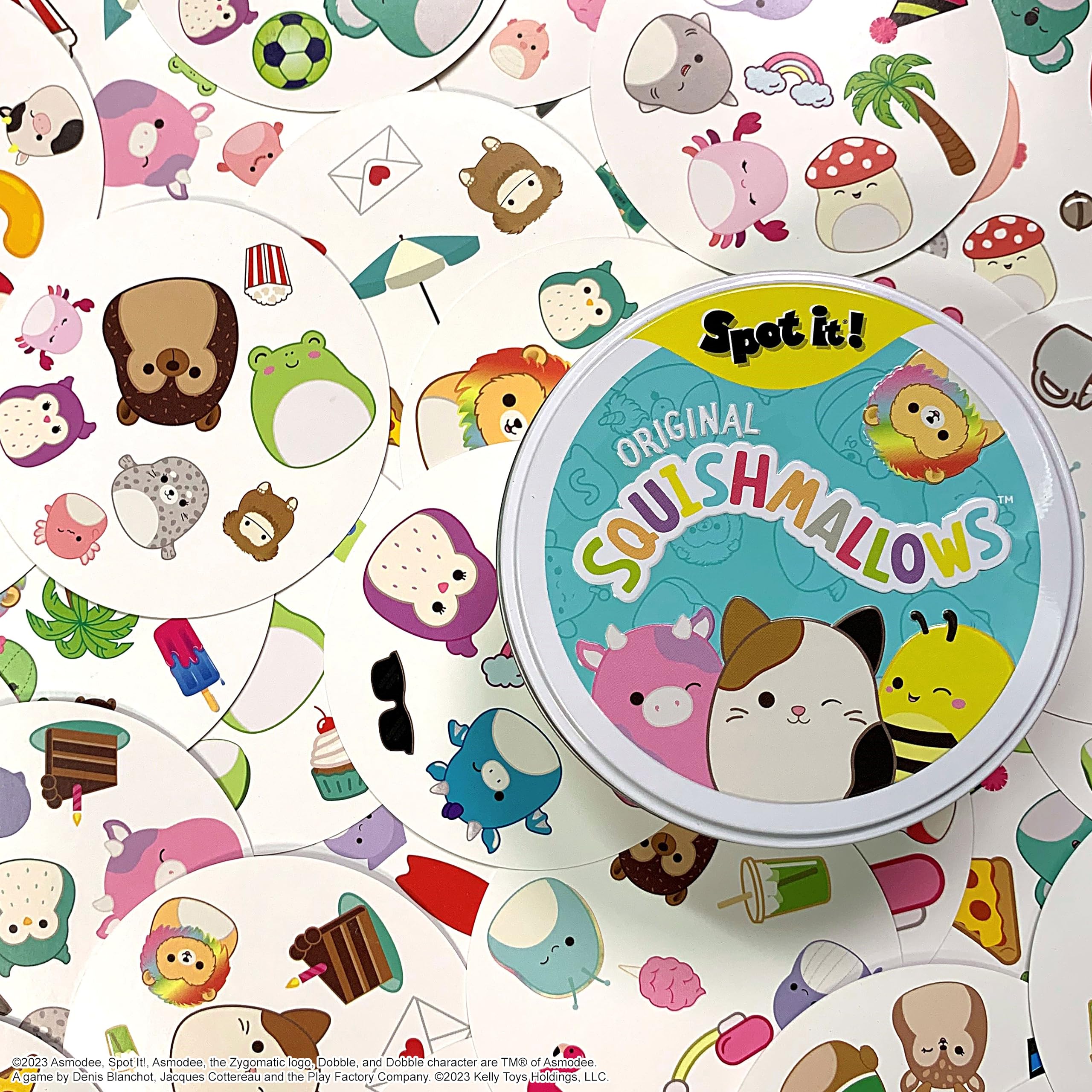 USAOPOLY Spot It! Squishmallows rainbow icon visual for vibrant matches.