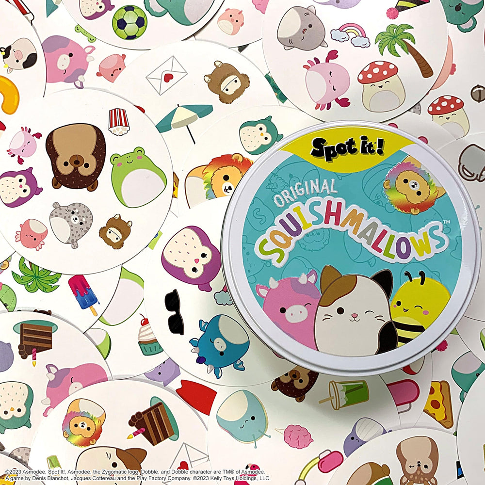 USAOPOLY Spot It! Squishmallows rainbow icon visual for vibrant matches.