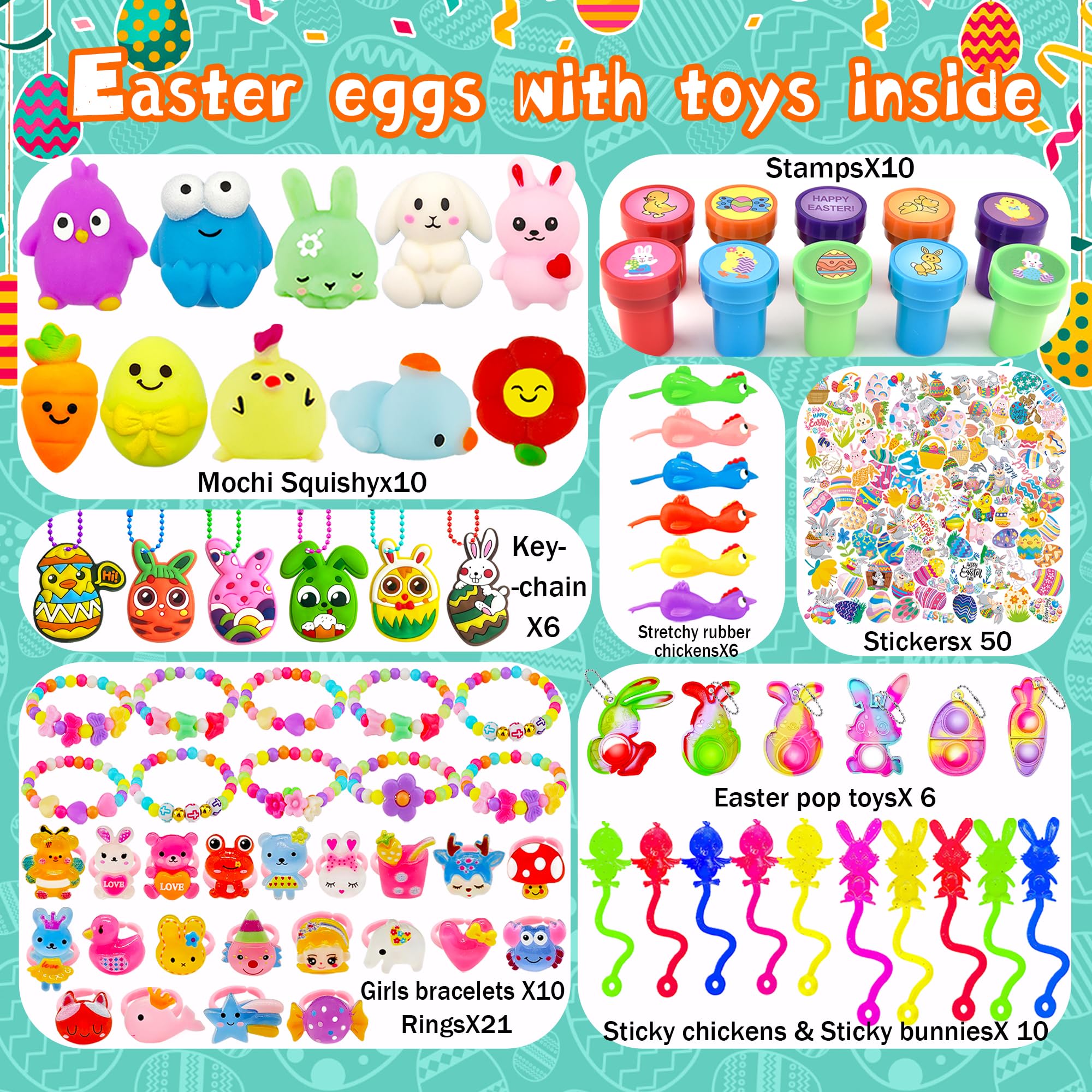 uscan Easter eggs contents variety including rings, mochi squishies, and stickers