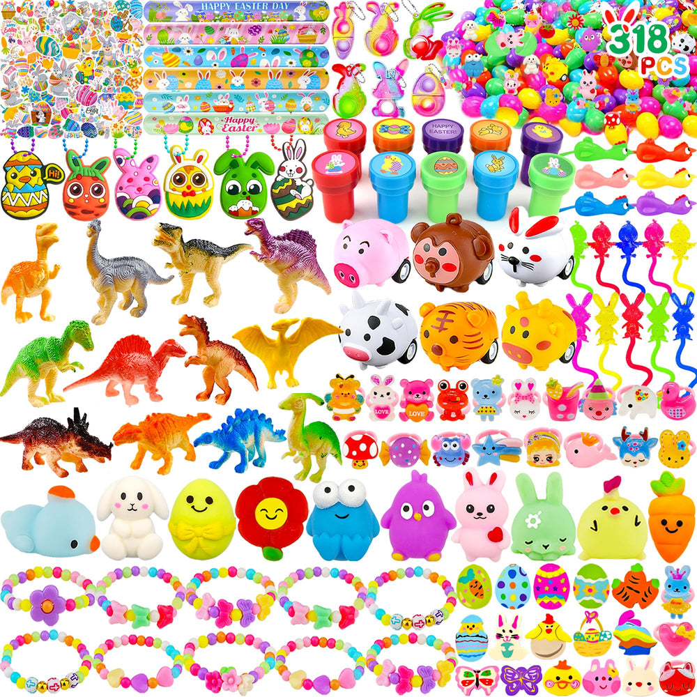uscan Easter eggs with toys inside arranged for a kid-friendly egg hunt