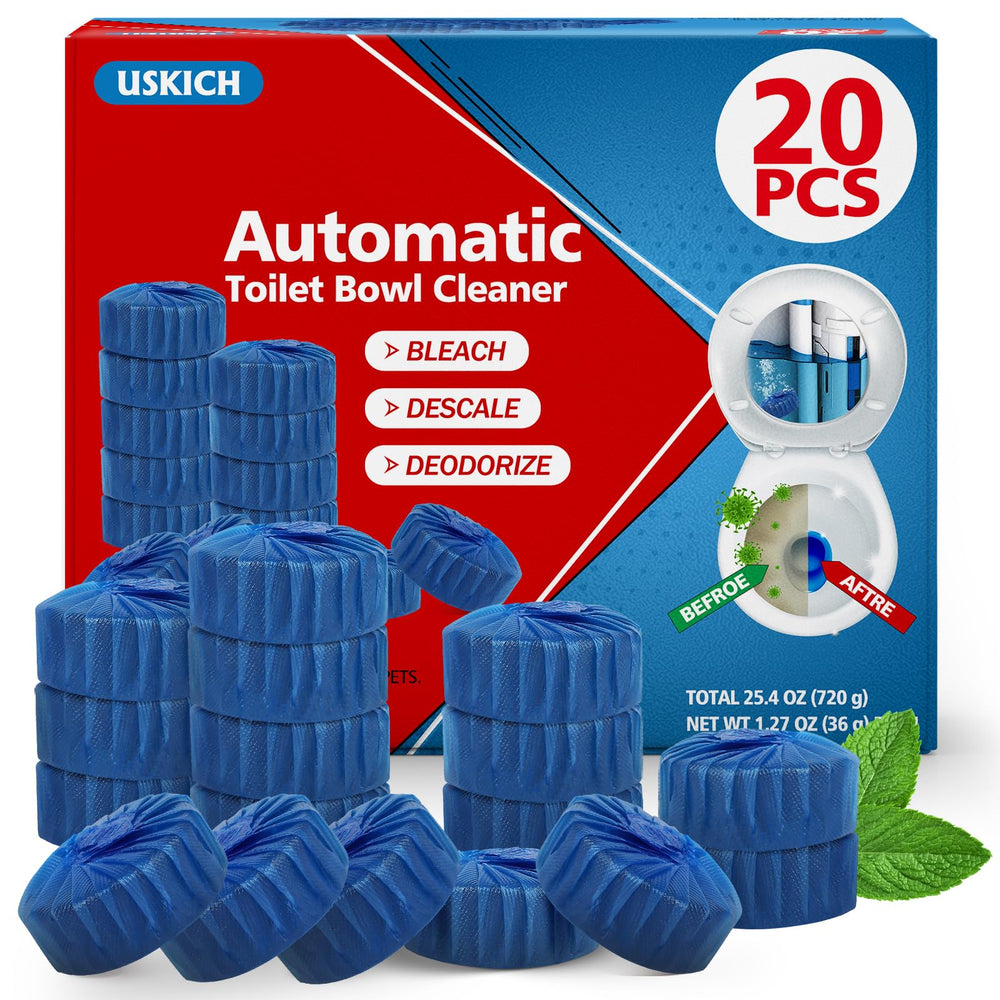 USKICH toilet cleaner tablets in blue in-tank setup for continuous freshness