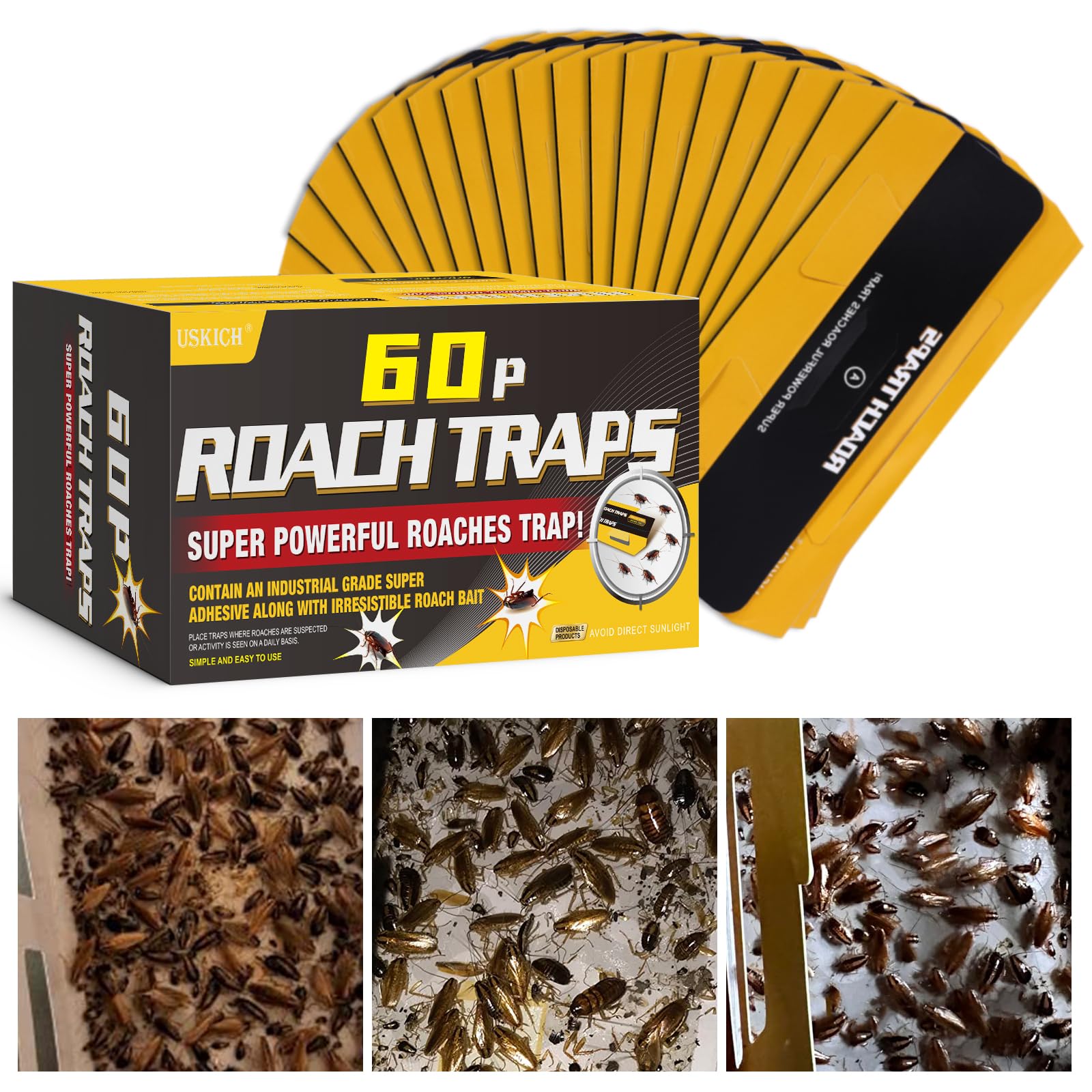 USKICH 60-pack roach traps box for easy indoor setup and long-lasting use