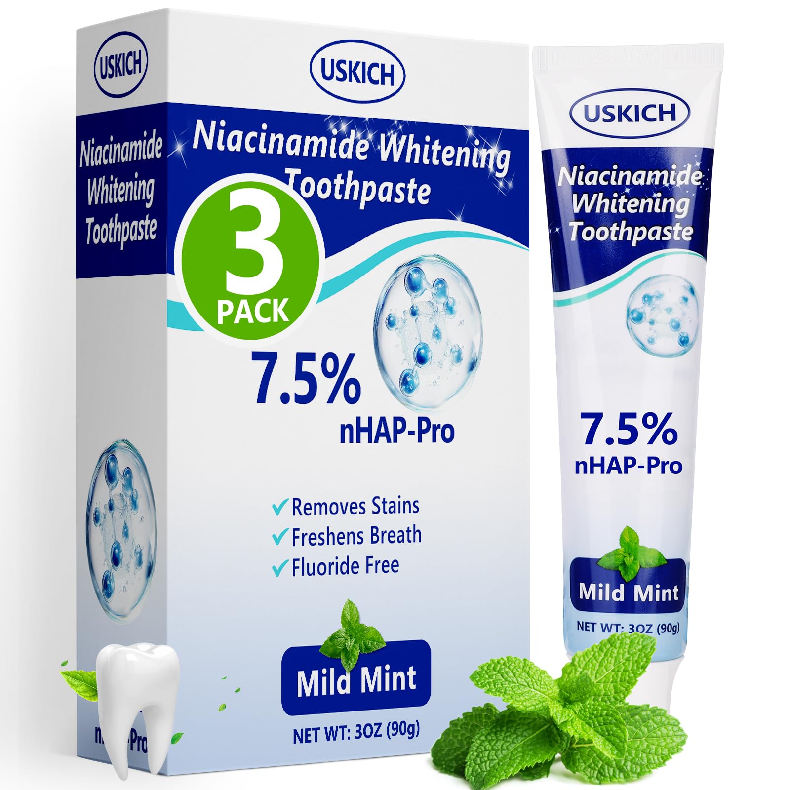 USKICH toothpaste pack with nano-hydroxyapatite for enamel strength and fresh breath