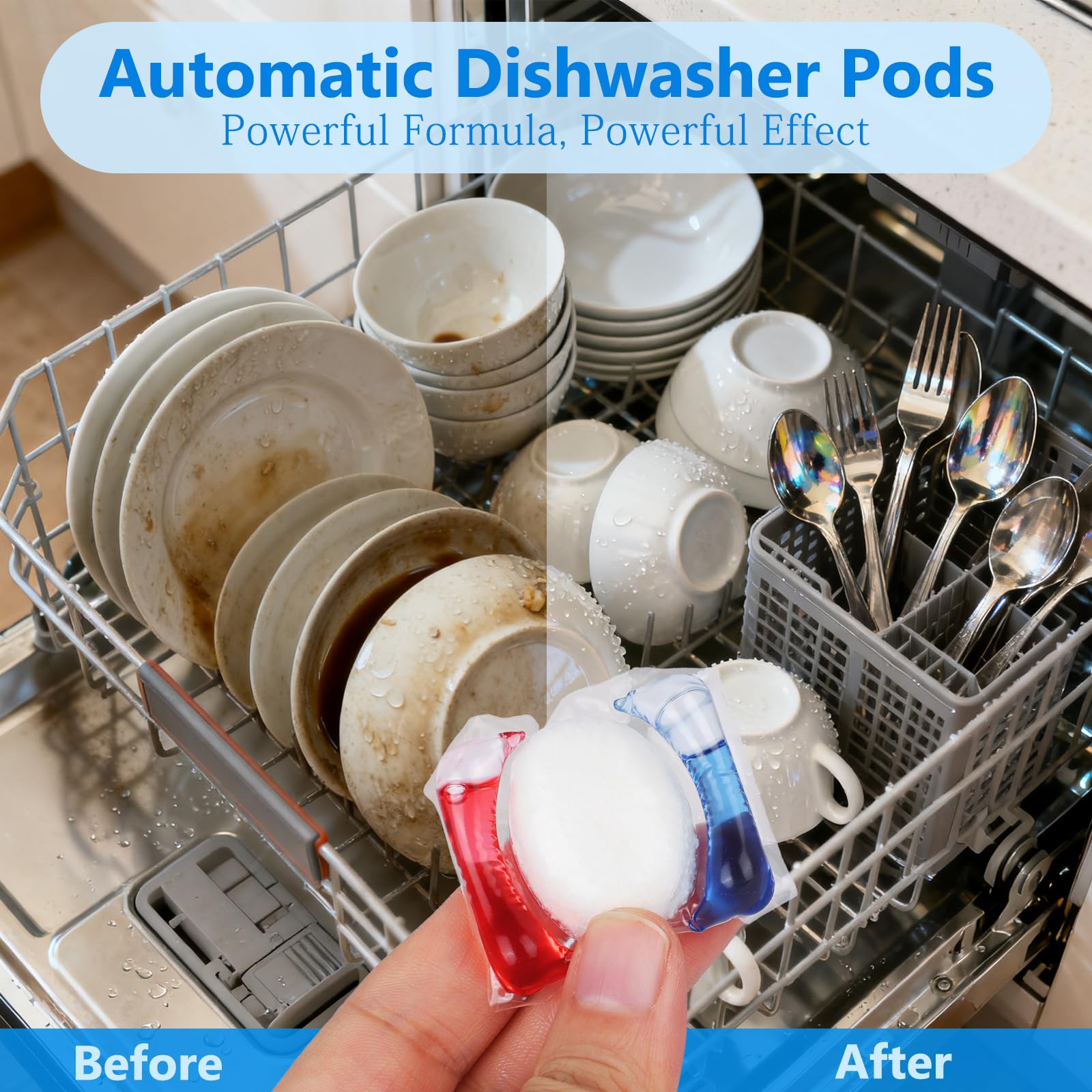 USKICH dishwasher pods for stainless dishware provide shine and safe cleaning.