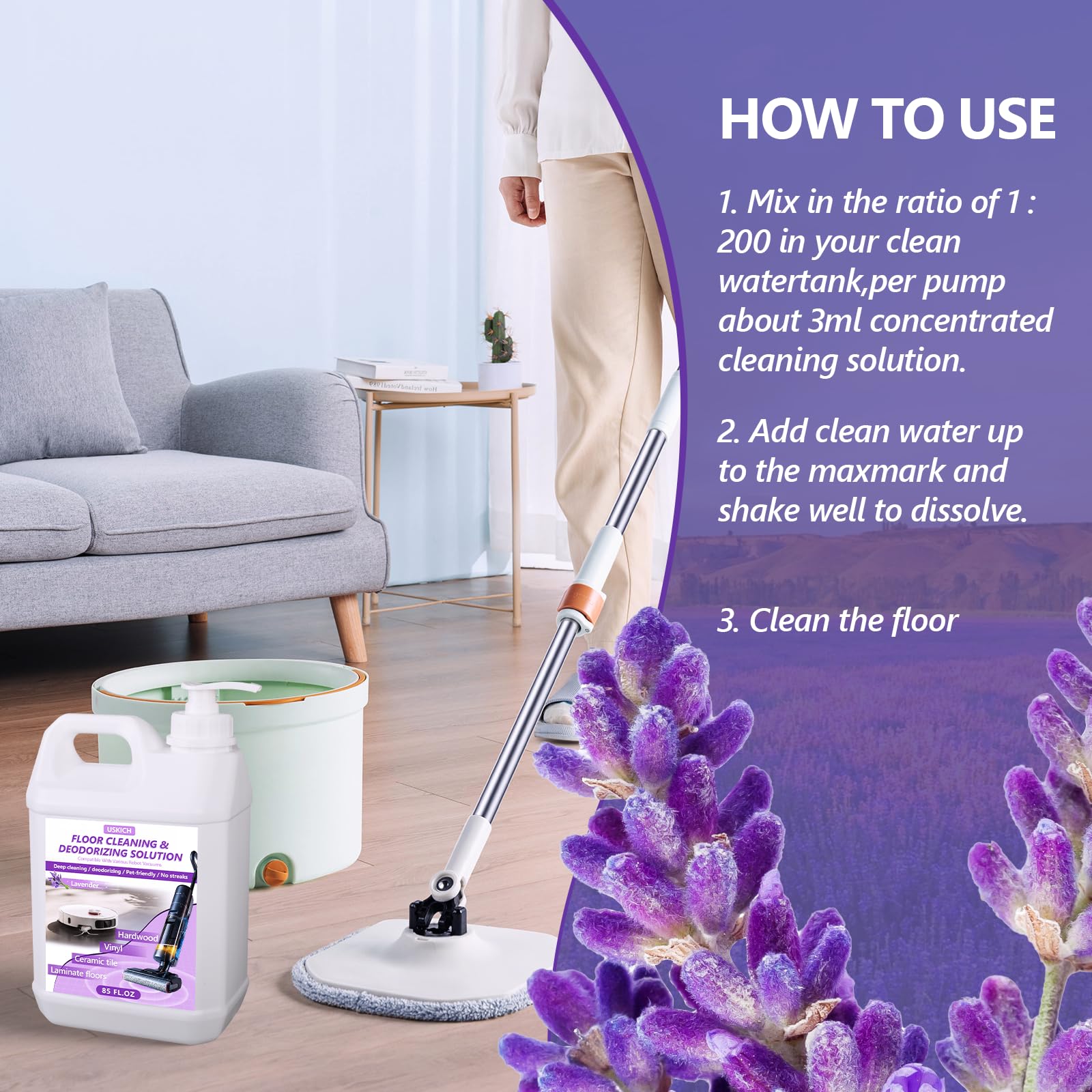 USKICH dilution instructions for quick floor cleaning prep