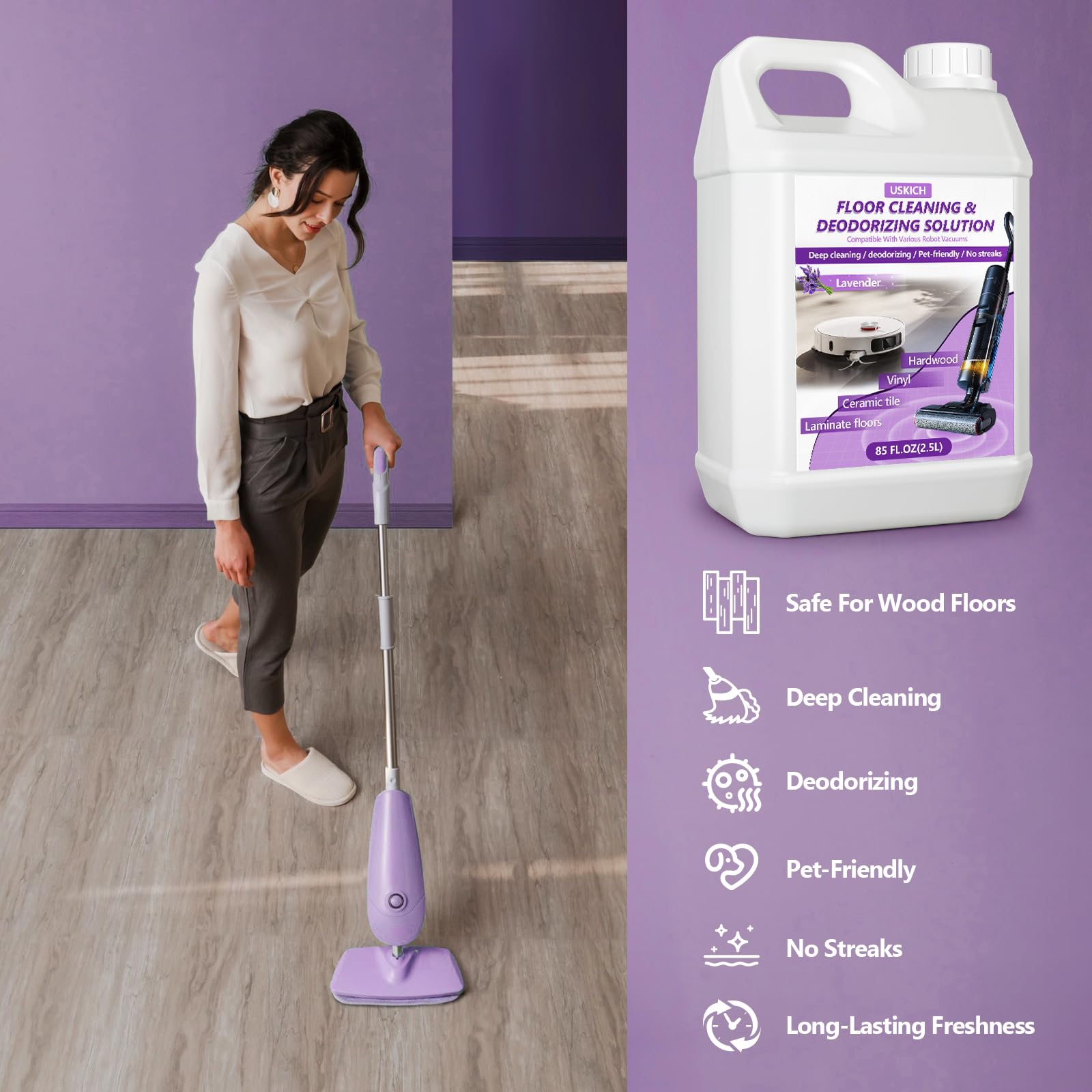 USKICH floor cleaning solution pour measure showing easy dilution