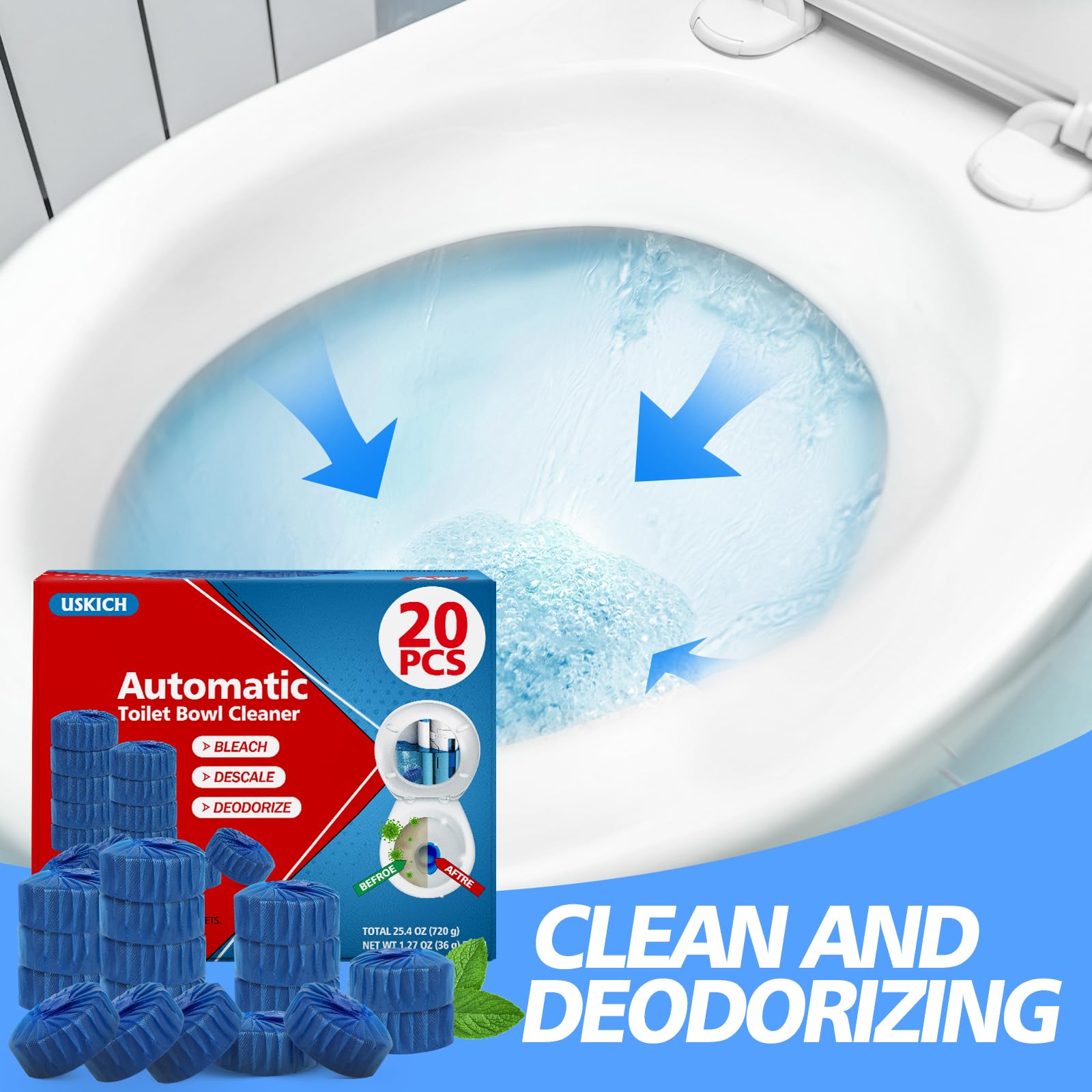 USKICH long-lasting tablet keeps the toilet bowl fresh