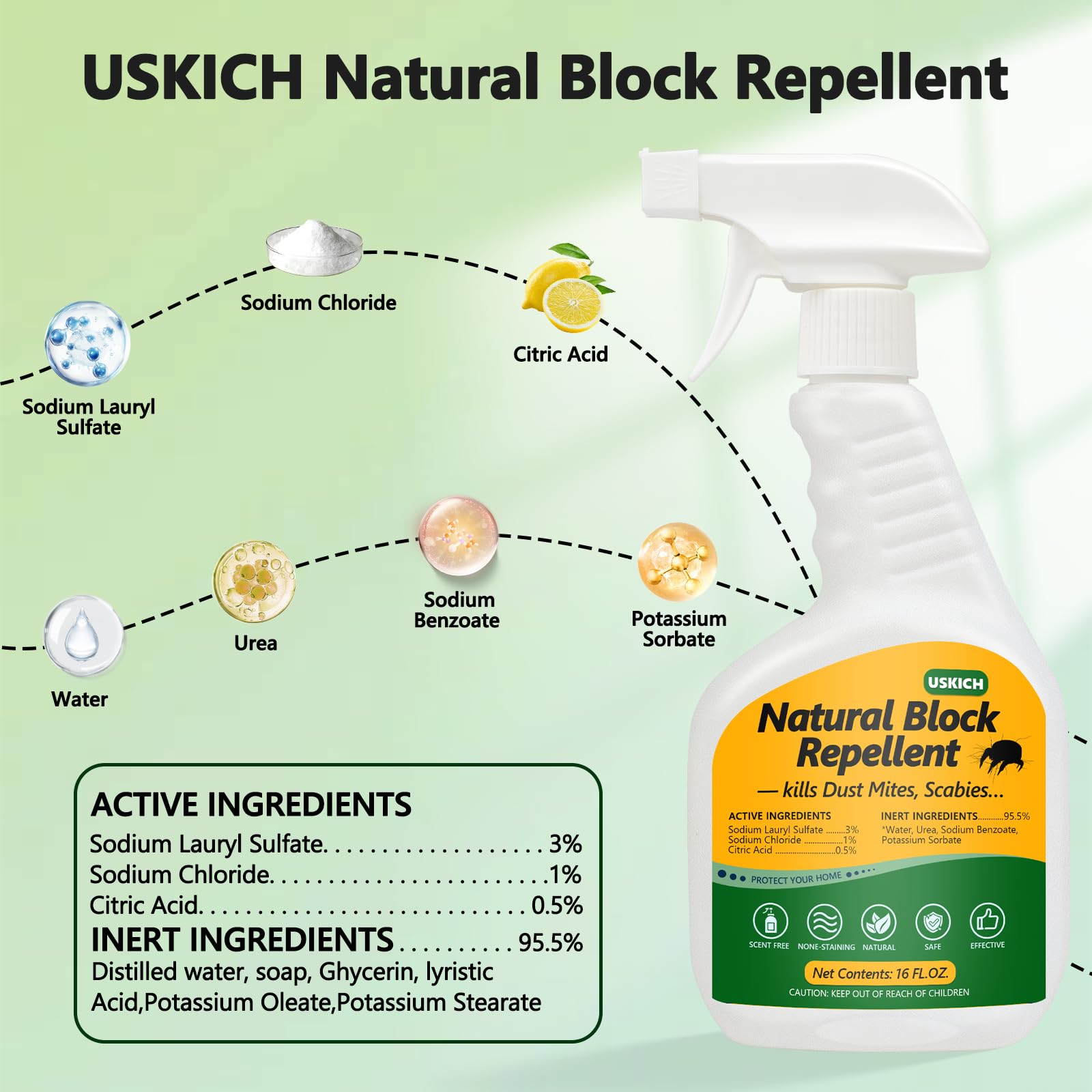 Close-up of USKICH Mite Spray mist showing quick action against mites