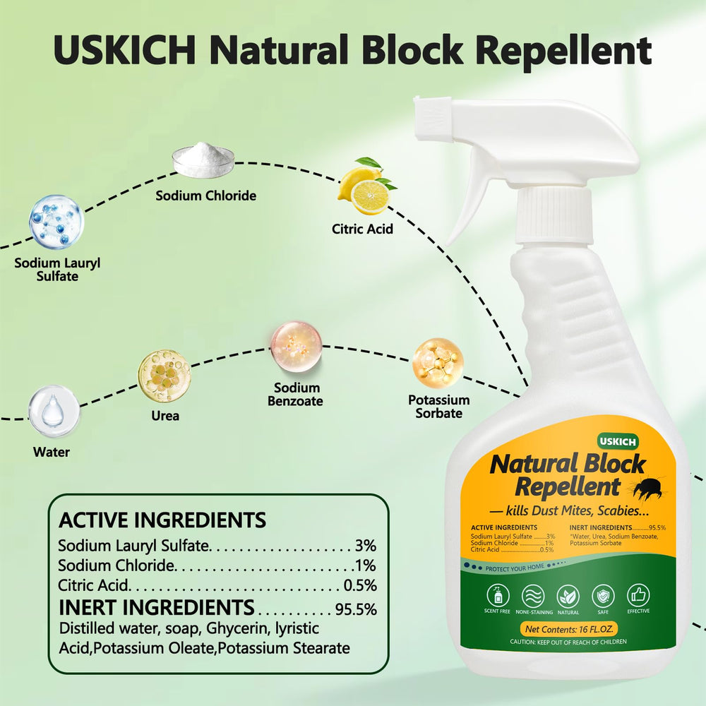 Close-up of USKICH Mite Spray mist showing quick action against mites