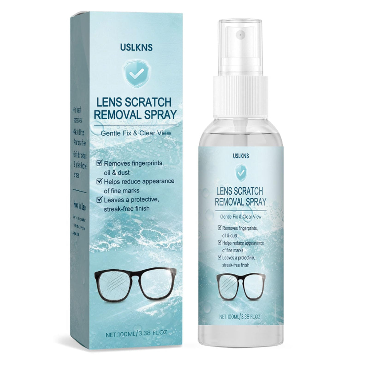 USLKNS eyeglass scratch remover bottle shown for fast on-the-go lens care