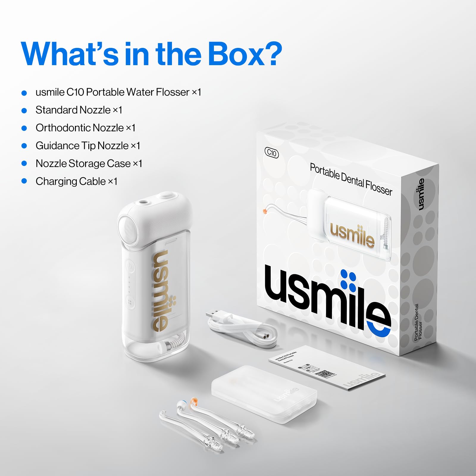 usmile C10 travel case keeps nozzles organized for quick setup