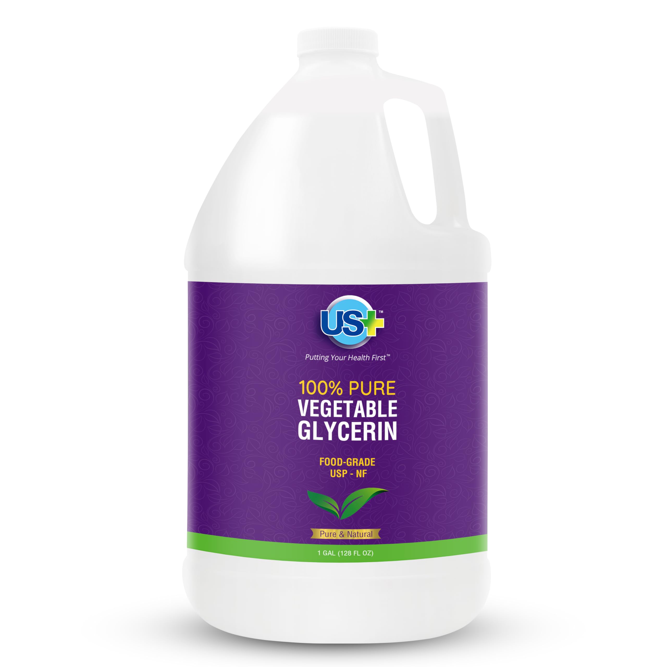 US+ glycerin bottle closeup highlights pure, versatile moisturizer for skin and hair.
