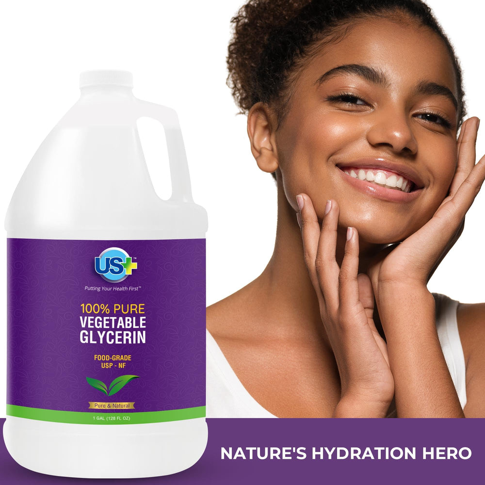 US+ glycerin multipurpose usage demonstrates hydration in skincare, haircare, and crafts.