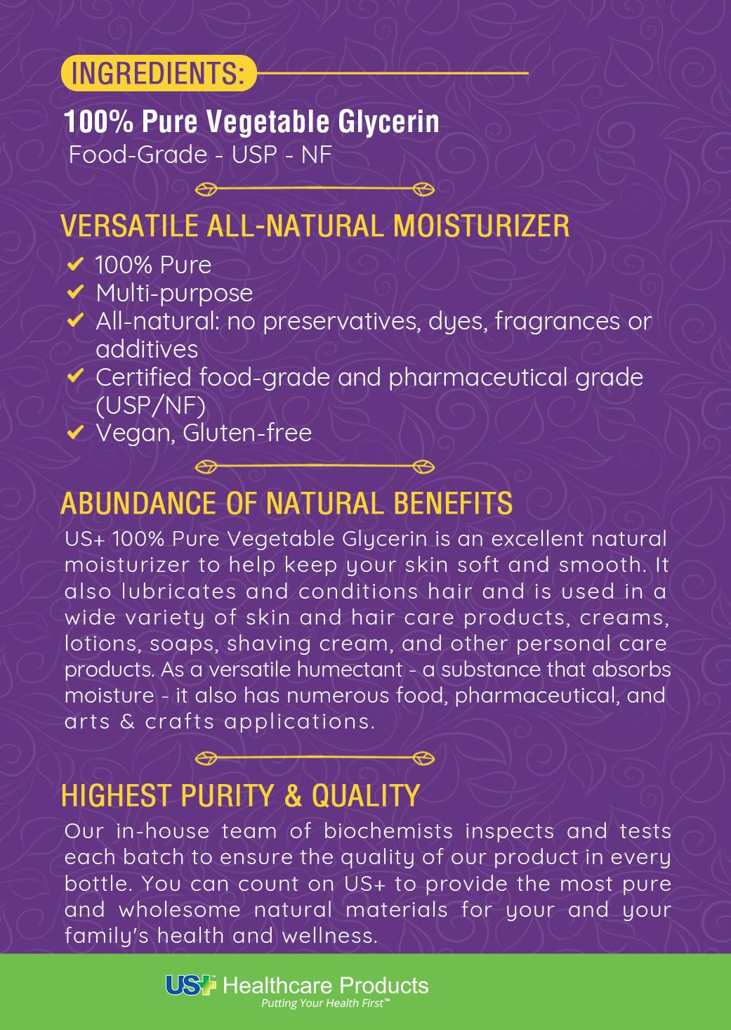 US+ glycerin USA-made packaging reinforces quality from Midwest origin.