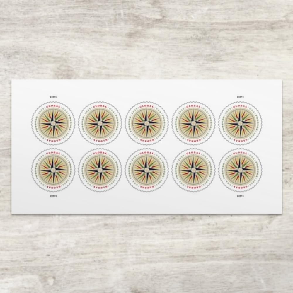 USPS 1794 Compass Rose stamp pane featuring a colorful compass rose, ideal for international mail.