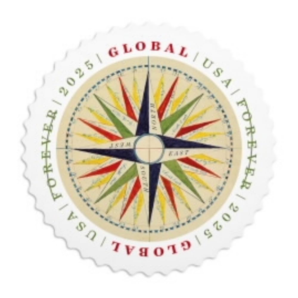 USPS 18th-century compass-rose design adds charm to global correspondence.
