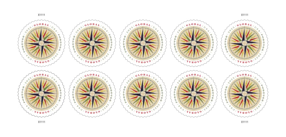 USPS Colorful compass-rose illustration on stamp evokes navigation and travel memories.