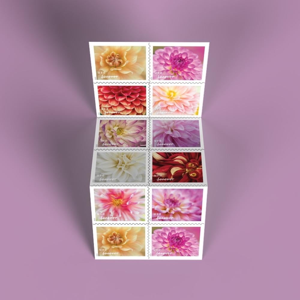 USPS Dahlias Forever stamps red close-up with dramatic petals for vivid envelopes.