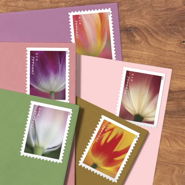 USPS Forever stamp strip packaging with tulip artwork for easy mailing