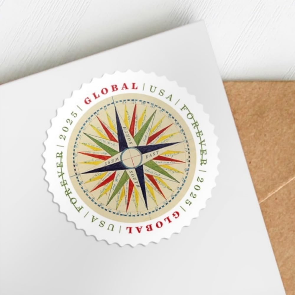 USPS Global Forever stamp with compass rose supports international letters and adds color.