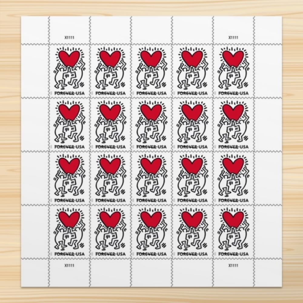 USPS Love 2025 stamp sheet featuring Keith Haring heart drawing for personal mail.