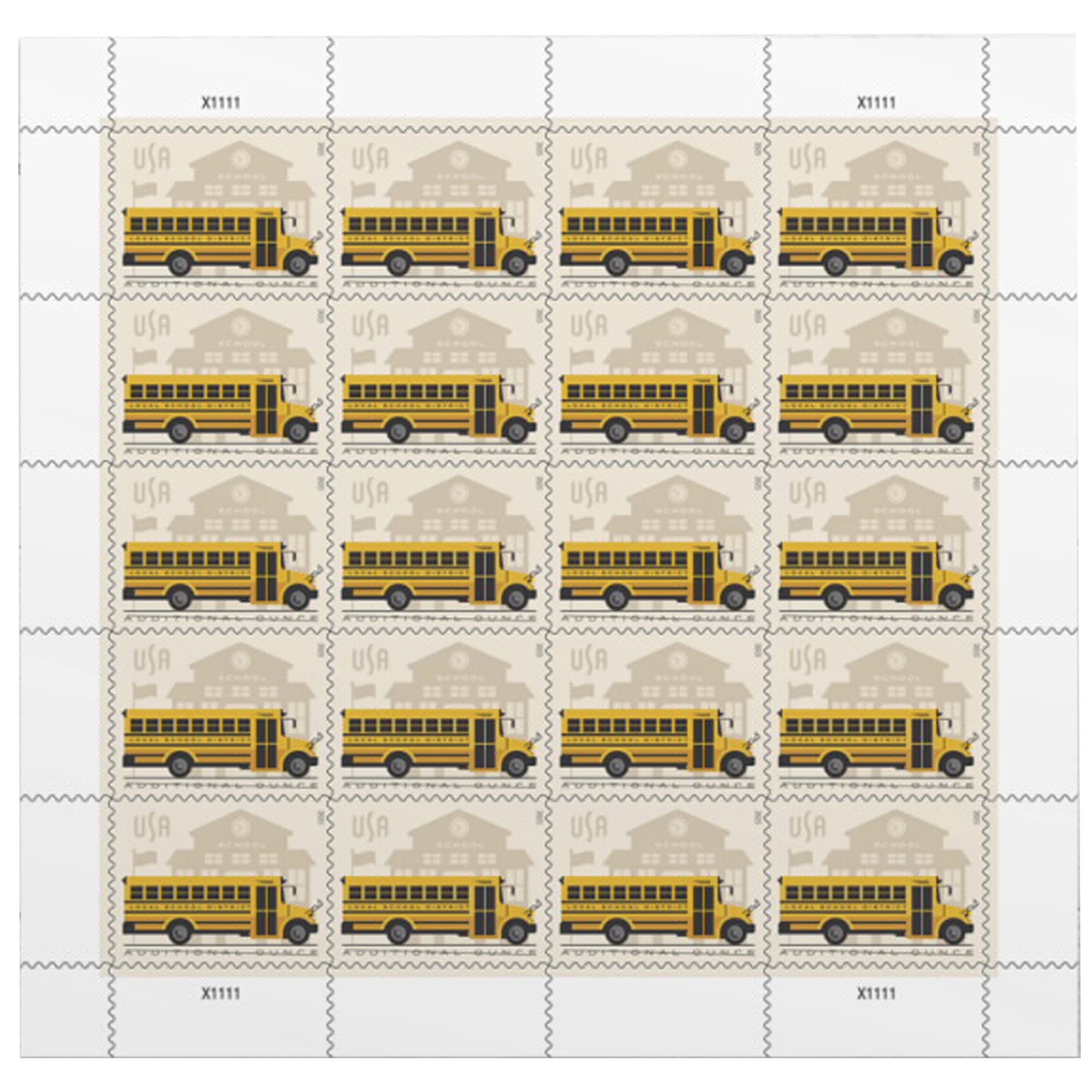 USPS School Bus Additional-Ounce stamps sheet featuring a cheerful yellow bus design for 1 oz mail