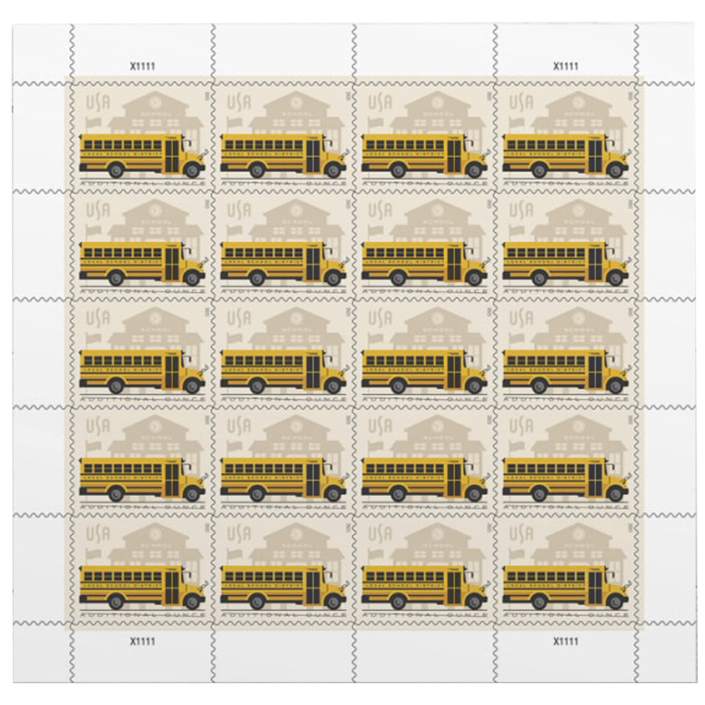 USPS School Bus Additional-Ounce stamps sheet featuring a cheerful yellow bus design for 1 oz mail