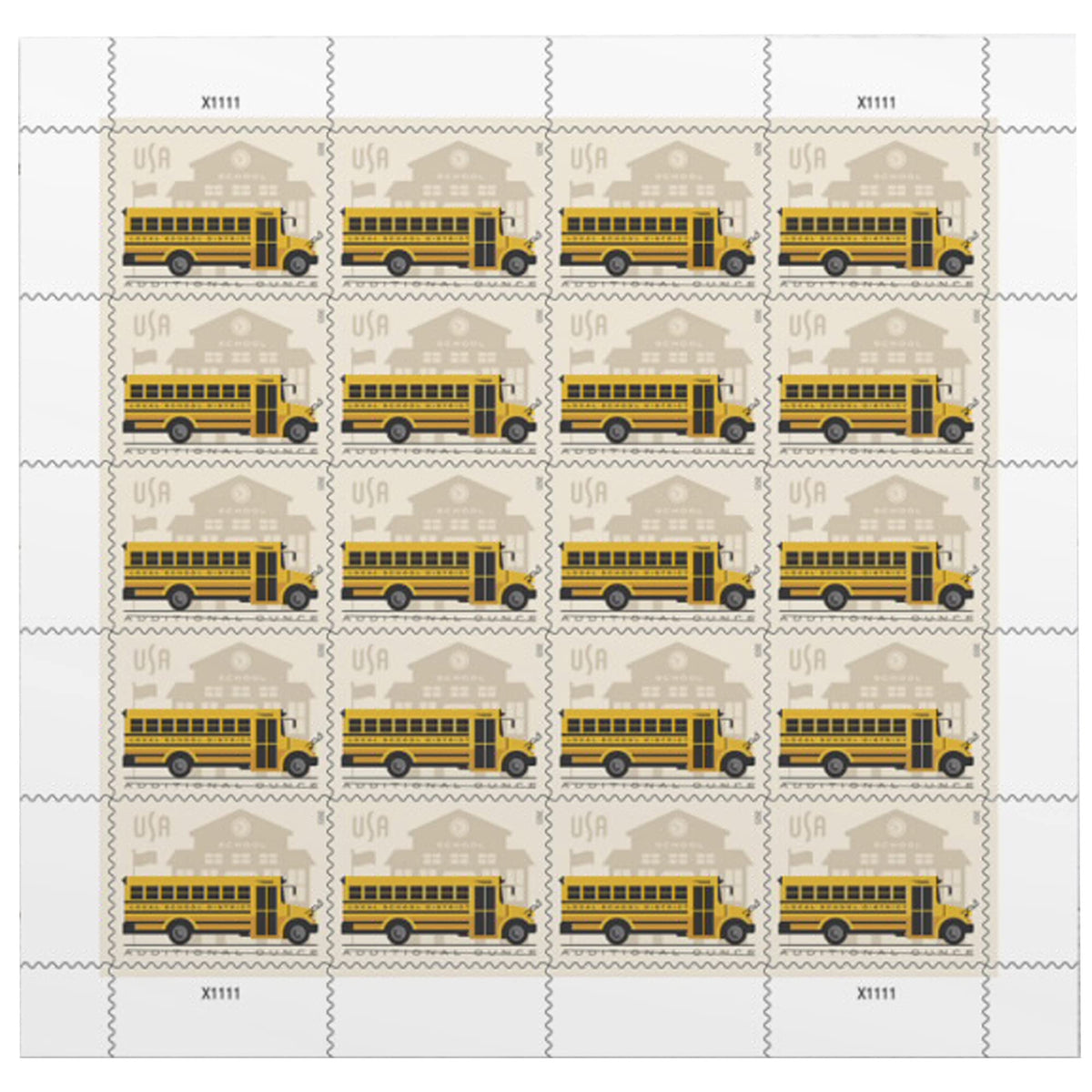 USPS School Bus Additional-Ounce stamps sheet featuring a cheerful yellow bus design for 1 oz mail