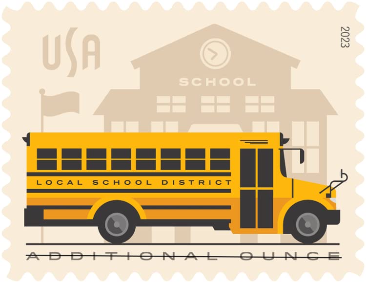 USPS School Bus front profile stamp showcasing the bus design for first-class mail