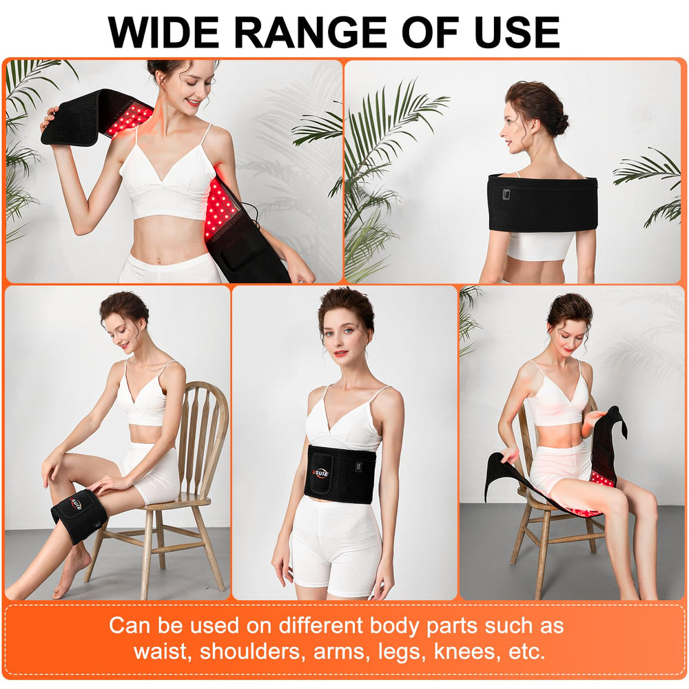 USUIE red light therapy belt in use on a living room couch