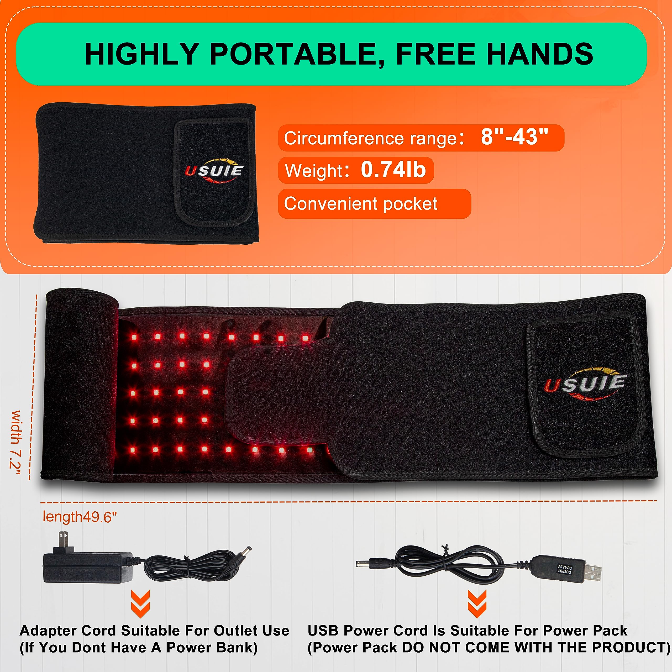 USUIE red light therapy belt packaging and care information