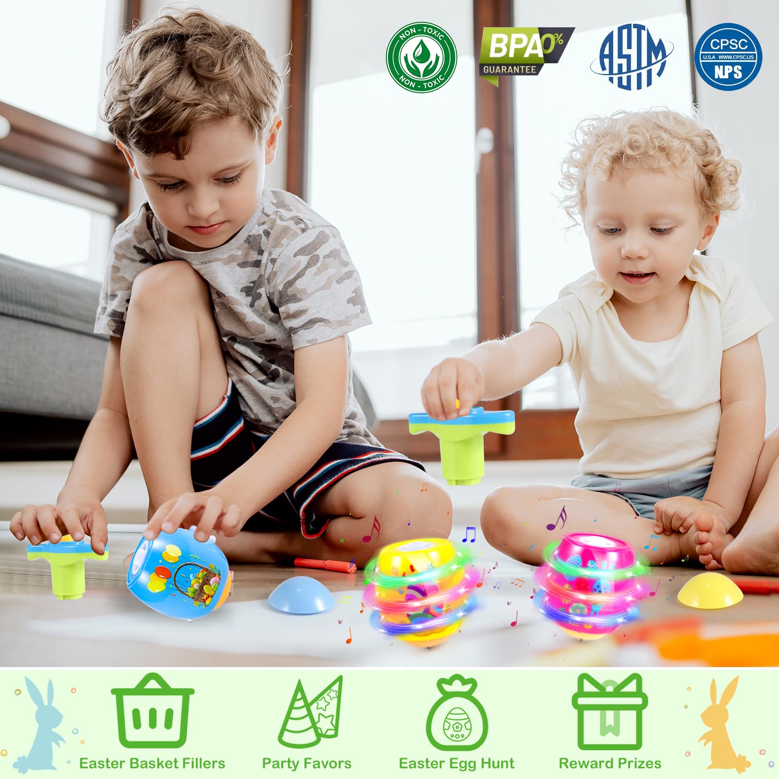 Utbttor Singing-top Easter Egg Spinner highlights cheerful tunes during spins.