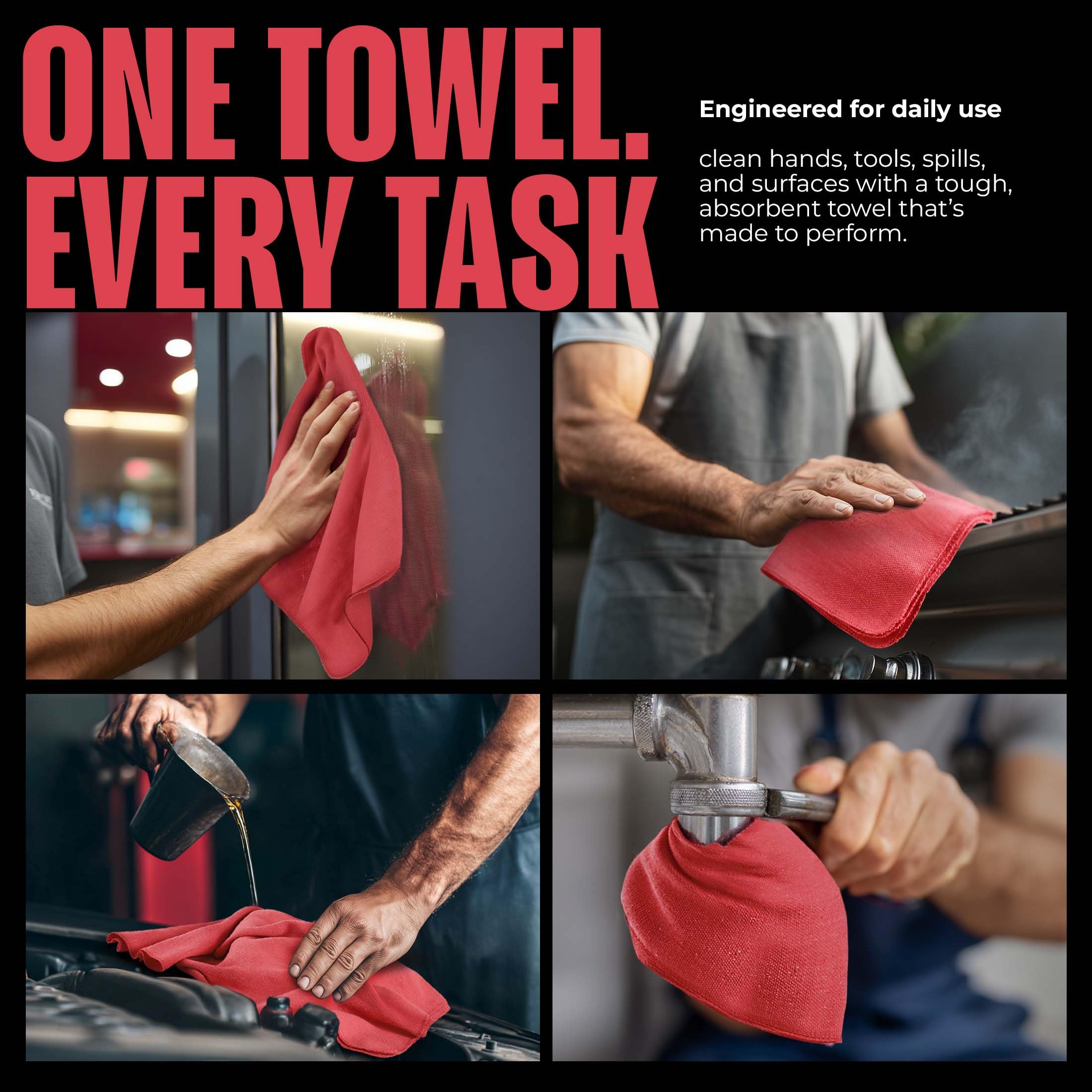 Utopia Towels multipurpose towels suitable for spills, drying tools, benches, and cleaning tasks.