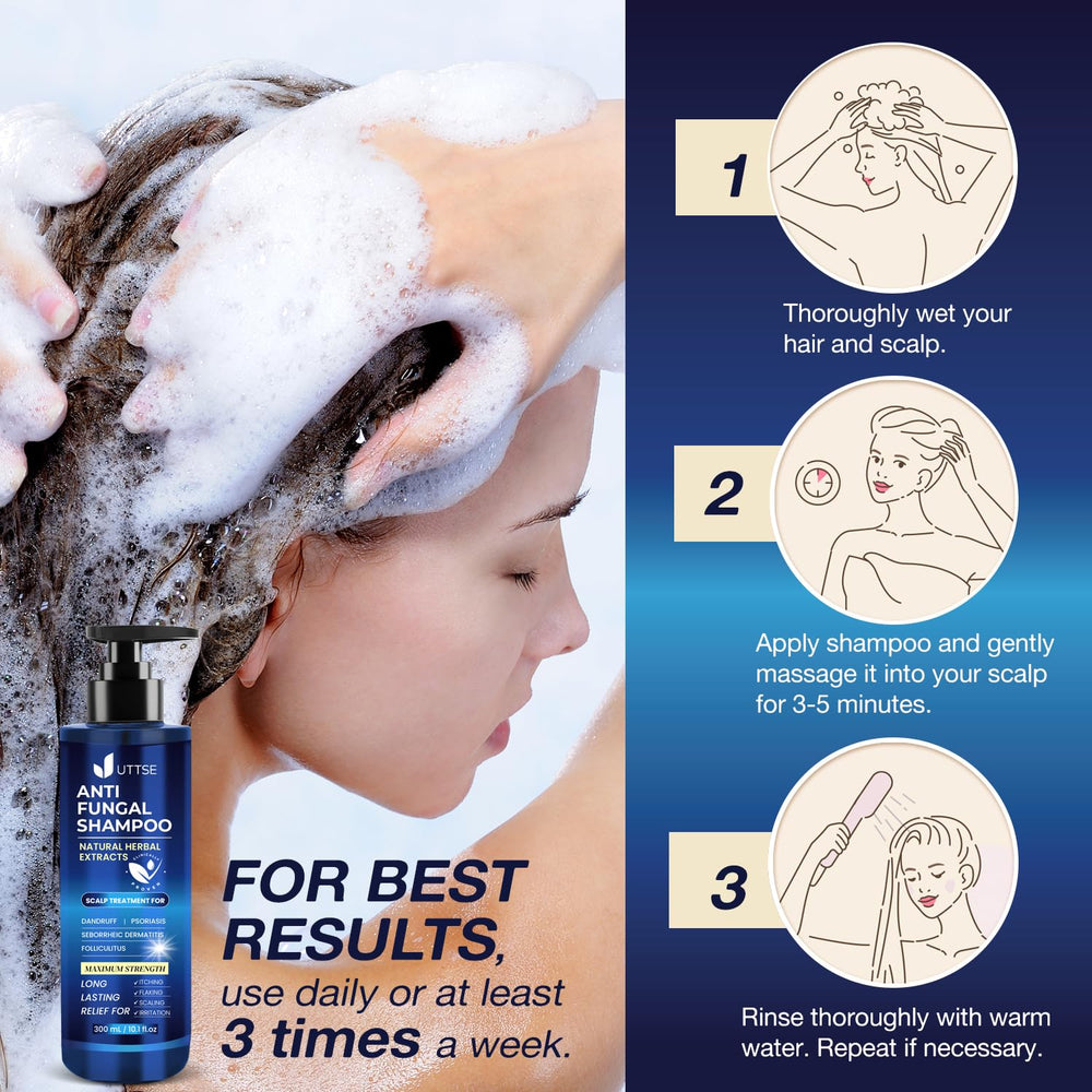 Uttse shampoo lather on scalp suggests mild cleansing with salicylic acid.