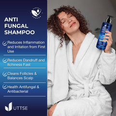 Uttse packaging beside product benefits for dandruff and dermatitis.