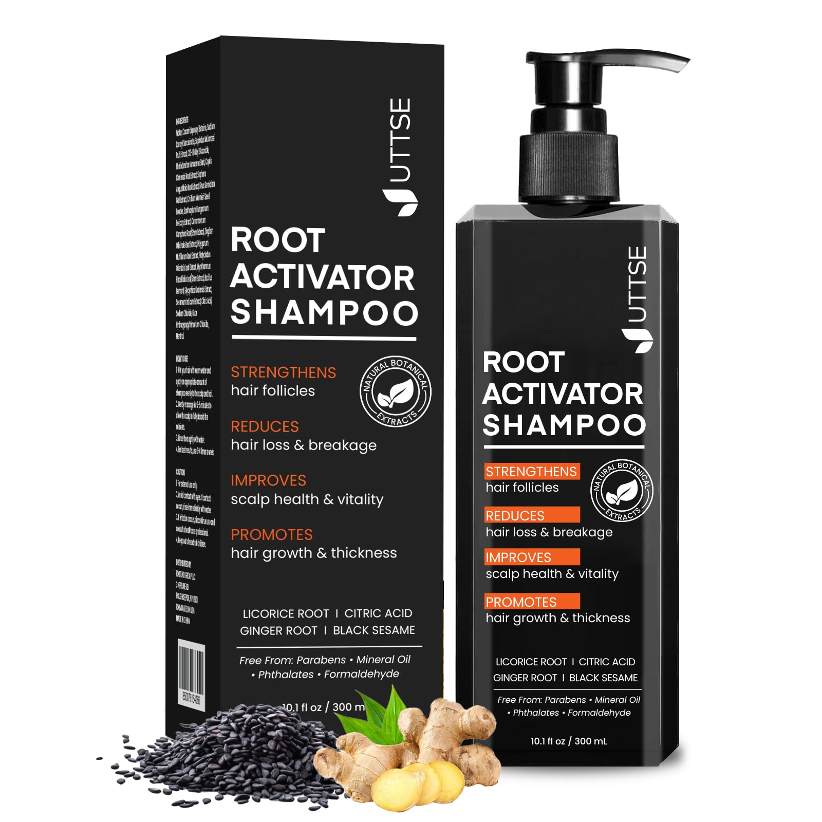 Uttse Root Activator Shampoo bottle close-up showing scalp-nourishing formula.