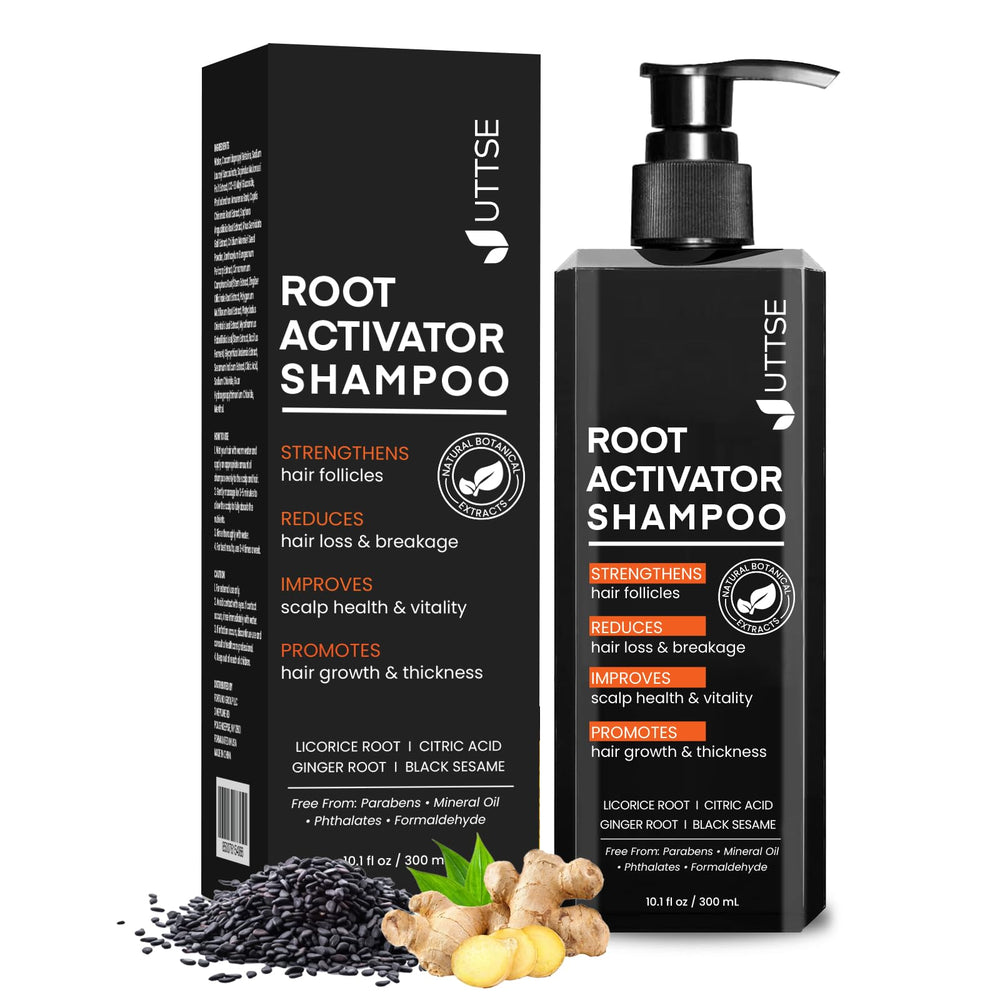 Uttse Root Activator Shampoo bottle close-up showing scalp-nourishing formula.