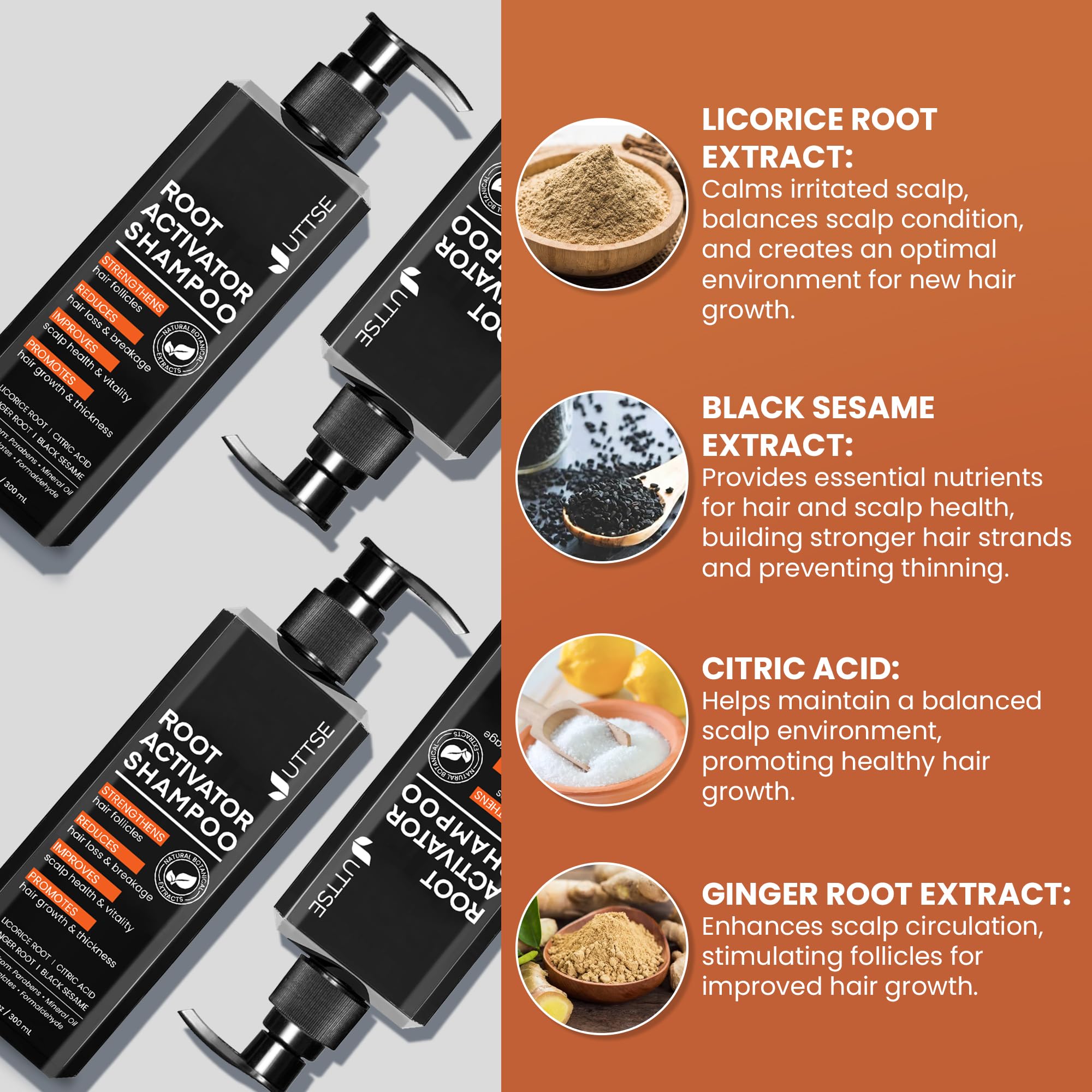 Uttse Root Activator Shampoo hair follicles action close-up suggesting density.