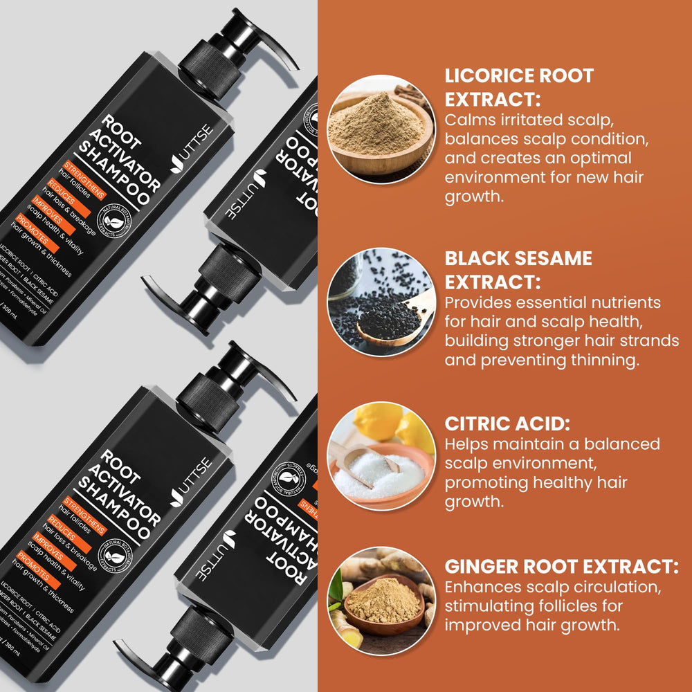 Uttse Root Activator Shampoo hair follicles action close-up suggesting density.
