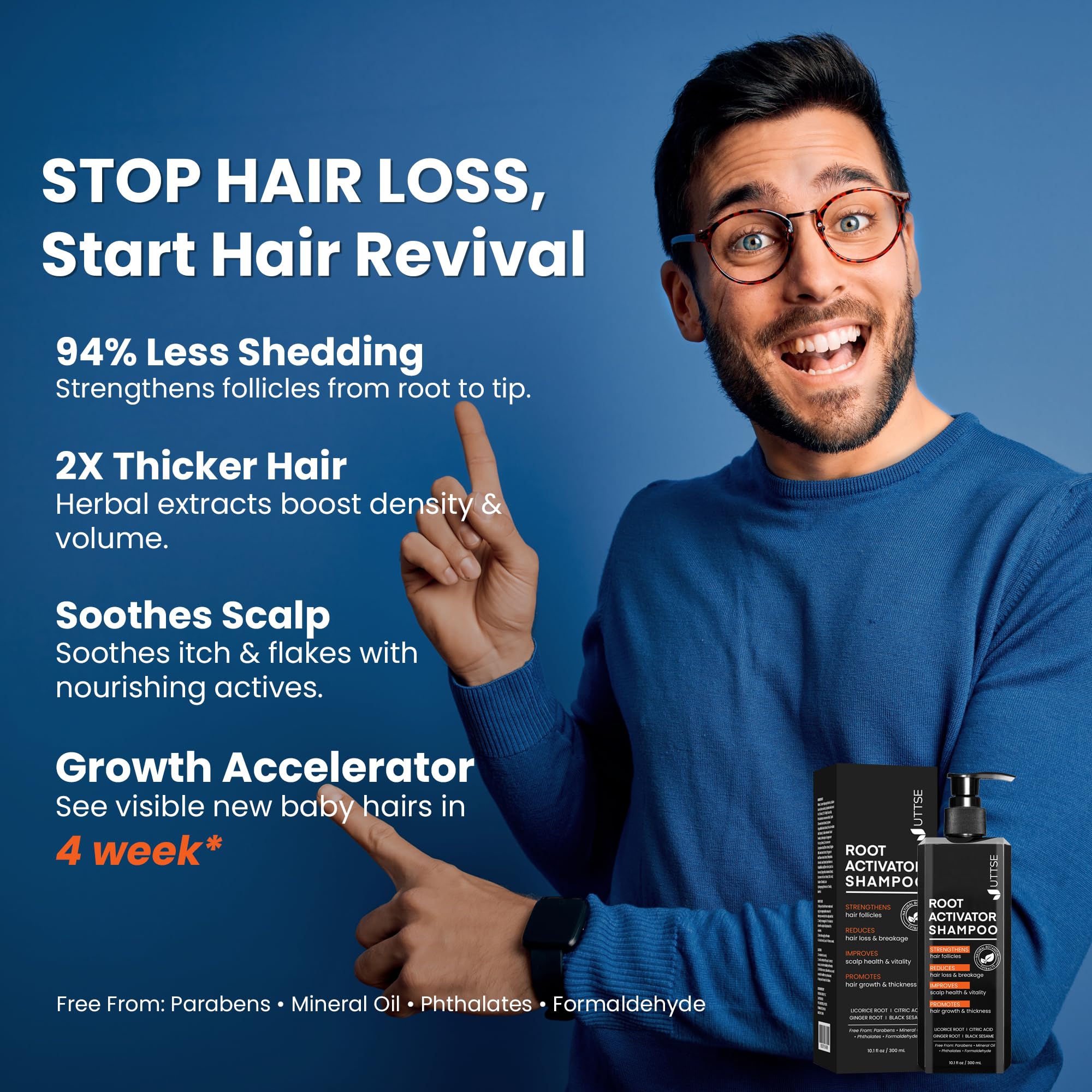 Uttse Root Activator Shampoo lather-foam highlighting natural ingredients.