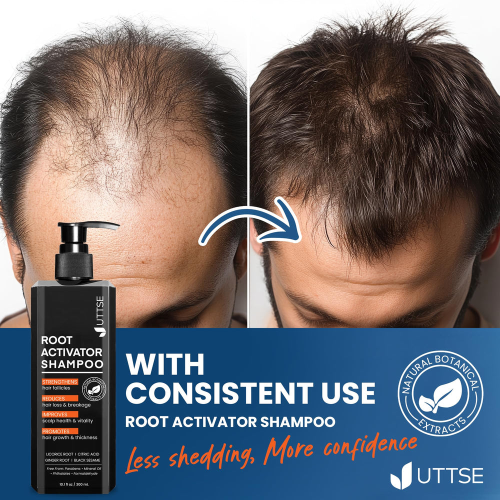 Uttse Root Activator Shampoo natural plant extracts highlight gentle care.