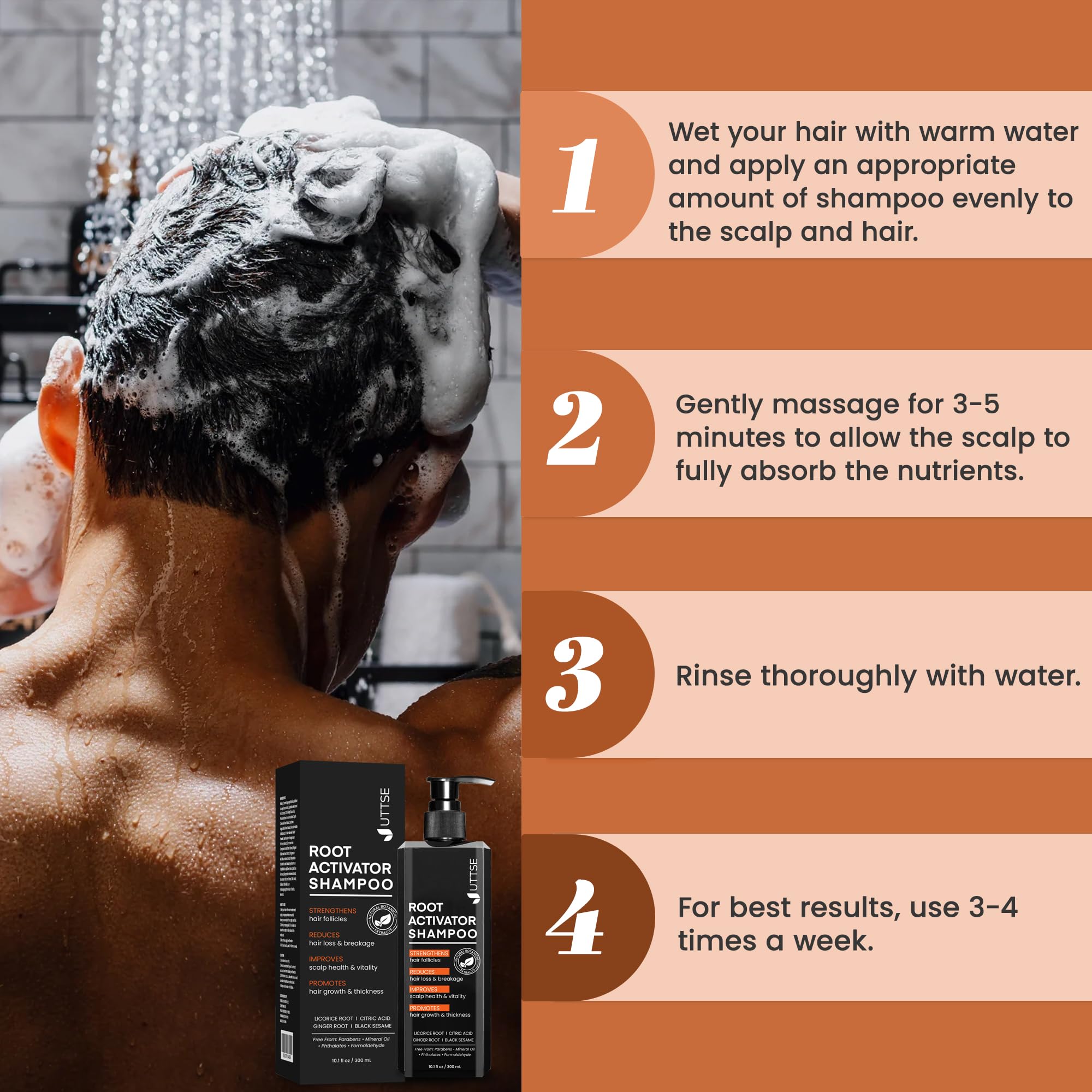 Uttse Root Activator Shampoo scalp soothing close-up with plant care.