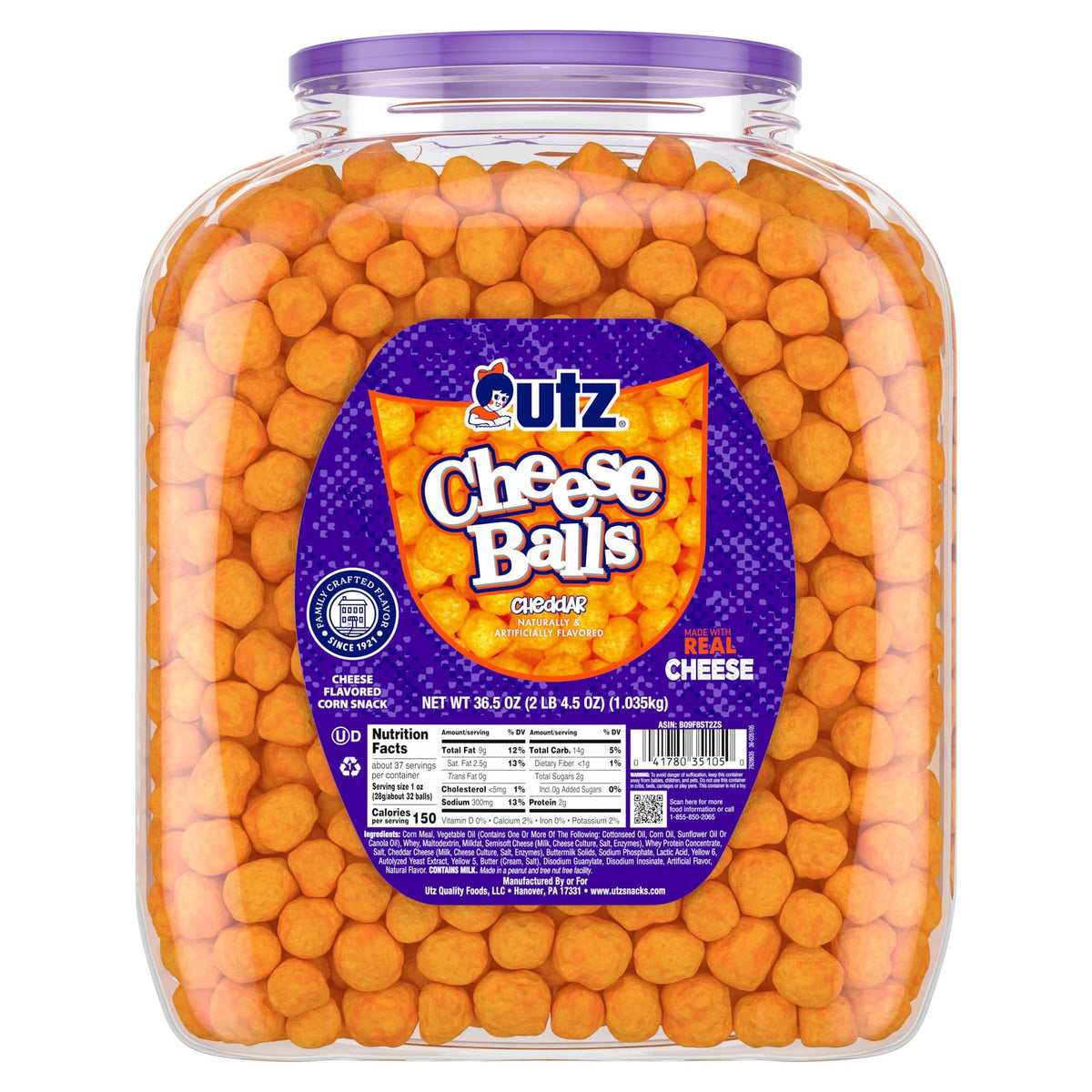 Utz Cheese Balls Barrel featuring tangy cheddar and a satisfying crunch for snacking.