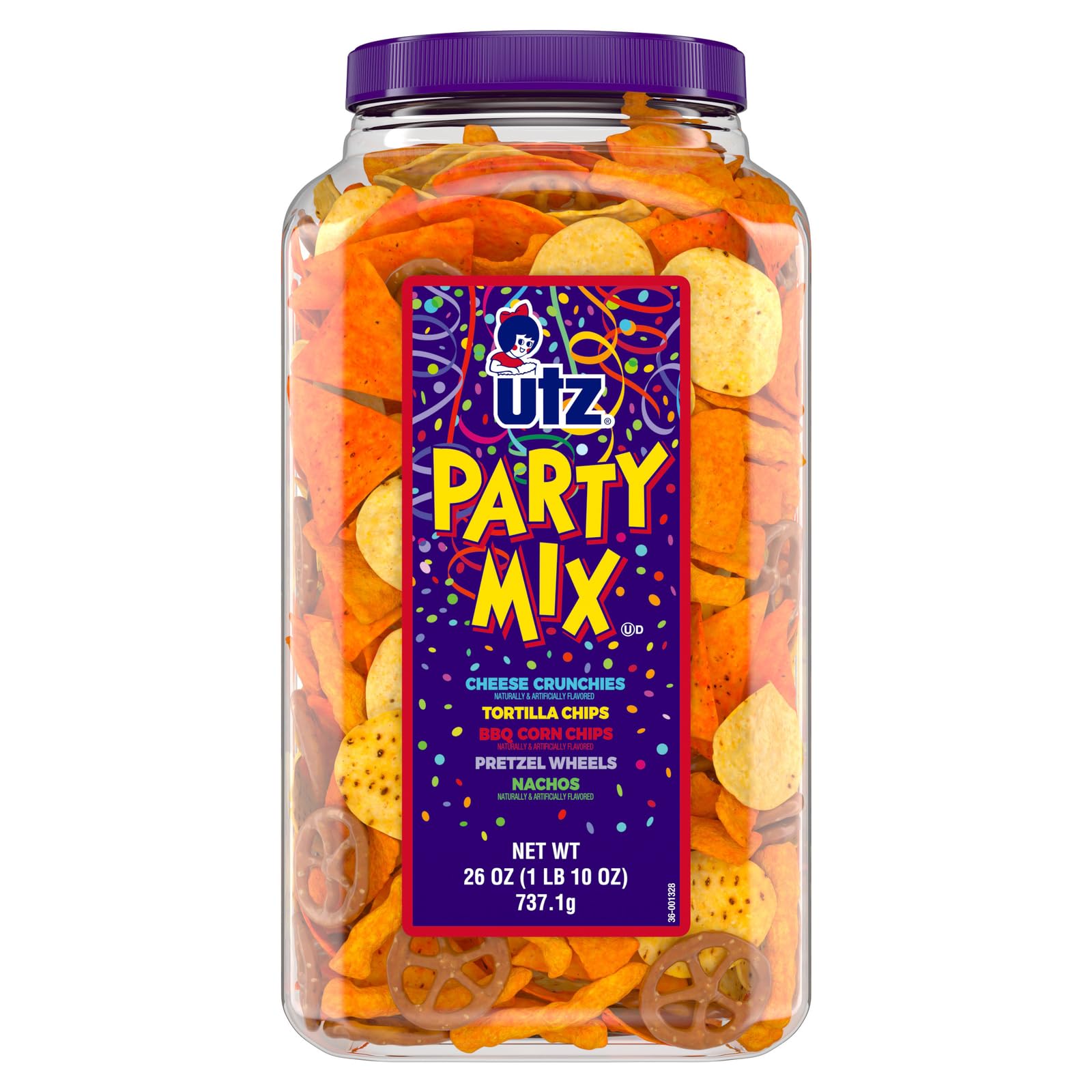 Utz Party Mix Barrel front view showing a large resealable container for easy snacking