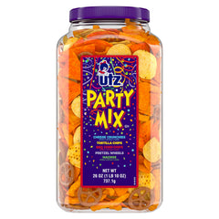 Utz Party Mix Barrel front view showing a large resealable container for easy snacking