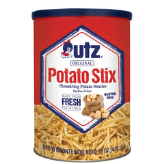 Utz Potato Stix Original canister with crispy sticks for quick snacking.